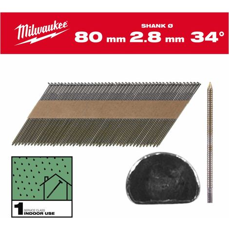 Milwaukee D-Kopf-Nägel 34 Grad, 7,4 x 2,8 x 80 mm, Ringschaft blank - 2.200 stk.