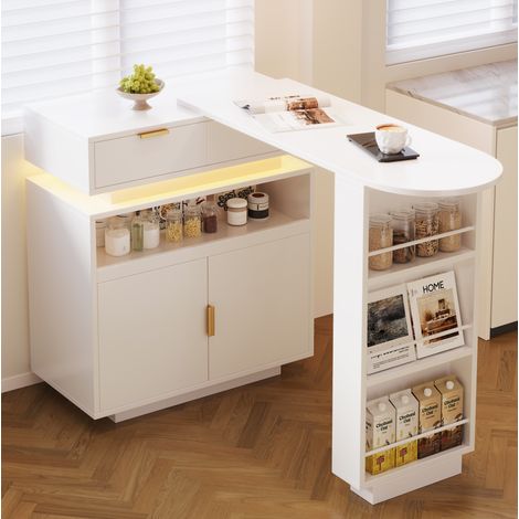 Bar table extensible 115-183x40x99.5 cm blanc en MDF avec rangement, éclairage LED et plateau pivotant