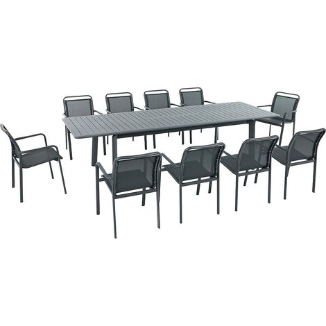 Sala da pranzo da giardino in alluminio: un tavolo allungabile L.205/286.5 cm e 10 poltrone impilabili Grigio scuro - VELYRA di MYLIA