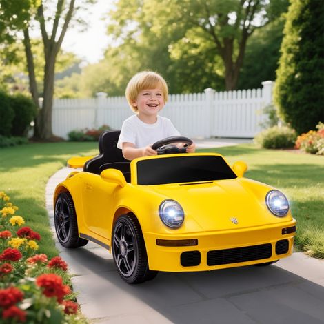 Voiture électrique enfant 12V télécommandée, démarrage en douceur, lecteur MP3, phares LED, avertisseur sonore, voyant batterie, jaune