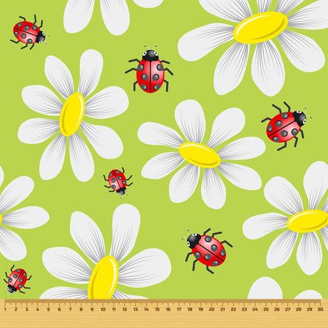 Tissu d'extérieur décoratif Oxford - motif marguerites et coccinelles sur fond vert (1/5)