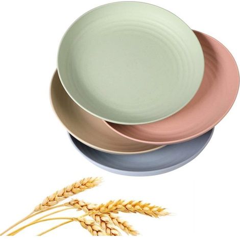 4 assiettes en paille de blé, légères et incassables, 20 cm, compatibles lave-vaisselle, usage familial et extérieur