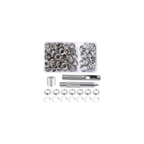 Mezheng – 100-teiliges Ösen-Set (10 mm) – Ösen aus verzinktem Messing – Inkl. Werkzeug für Planen, Stoffe und Vorhänge – Inkl. Aufbewahrungsbox – Crezuo