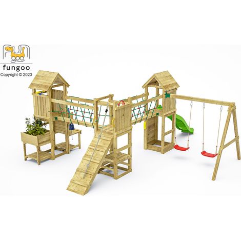 Fungoo Spielturm "Maxi Funny Optimizer", teak, mit Rutsche, Doppelschaukel, Verbindungselemente, Kletterwand (1/5)
