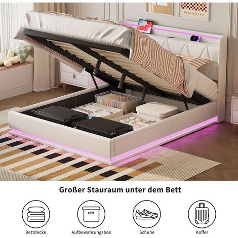 Letto 160 x 200 cm, letto contenitore 160x200, velluto, illuminazione LED, porta di ricarica, bianco (1/5)