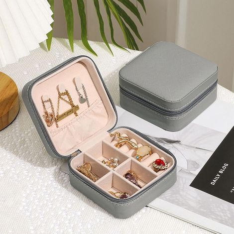 Mini portagioie da viaggio, piccolo organizer per gioielli da viaggio, portagioie portatile, mini organizer da viaggio, vetrina portatile (grigio) (1/5)