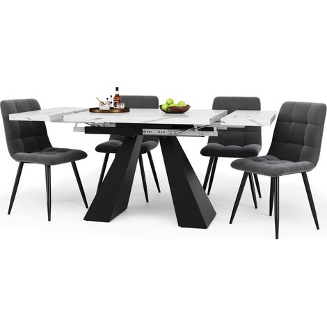 Set da pranzo estensibile 5 pezzi con tavolo MDF e 4 sedie in velluto bianco e nero (1/5)