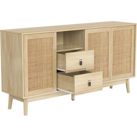 Buffet, Commode avec 3 Portes coulissantes en rotin véritable et 2 tiroirs (Natural) (1/5)