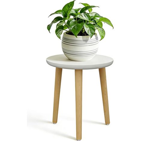 Wooden Plant Stand, 28 x 42 cm Round Flower Stand, Plant Bench, 3 Feet Flower Stool, Plant Bench, for Indoor and Outdoor Decoration, White (1/5)
