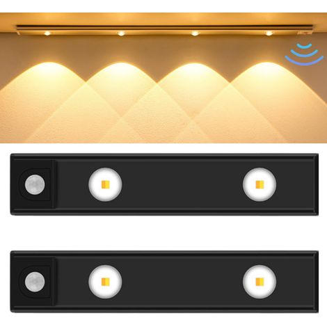 Lot de 2 lampes LED ultra-fines rechargeables par USB avec détecteur de mouvement, éclairage sous armoire, 3 modes d'éclairage (noir, 20 cm) (1/5)