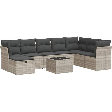 Set muebles jardín 9 pzas y cojines ratán sintético gris claro vidaXL (1/5)