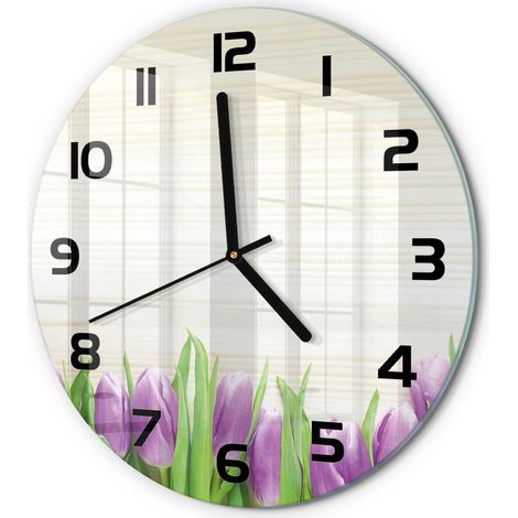 Horloge Murale Ronde Design Contemporain Verre Décoratif pour Salon Tulipes violettes fi 30 cm (1/5)