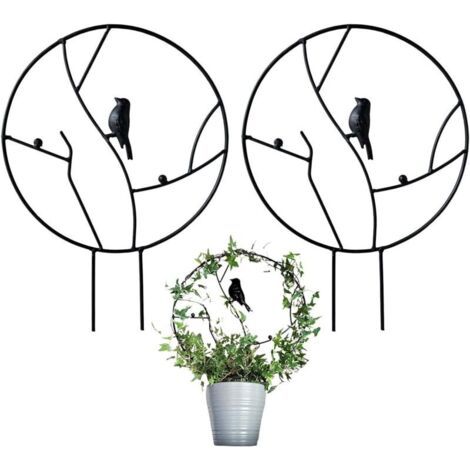 Lot de 2 treillis de jardin en fer pour plantes grimpantes, petit treillis antirouille de 40,6 cm pour plantes d'intérieur en pot, treillis rond avec oiseau – Noir (1/4)