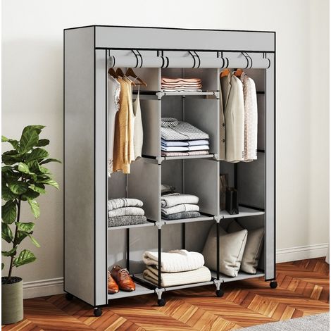 Armadio guardaroba in tessuto 125x43x162.5 cm grigio chiaro con 8 ripiani e 2 barre appendiabiti (1/5)