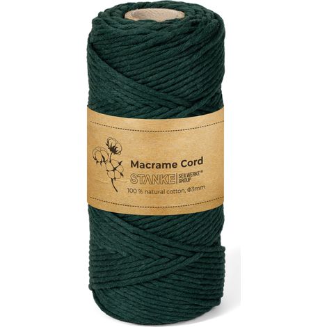 STANKE Fil macramé 3mm 100 m couleur Vert - fil de coton pour crochet, DIY boho, paniers, attrape-rêves - corde coton pour guirlandes, dessous de verre, sacs 100% cotton, torsadé, doux, grande bobine