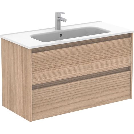 Ensemble meuble double vasque 100 cm avec 2 tiroirs – Finition noyer sablé – Coulisses Hettich – Intérieur textile gris (1/2)