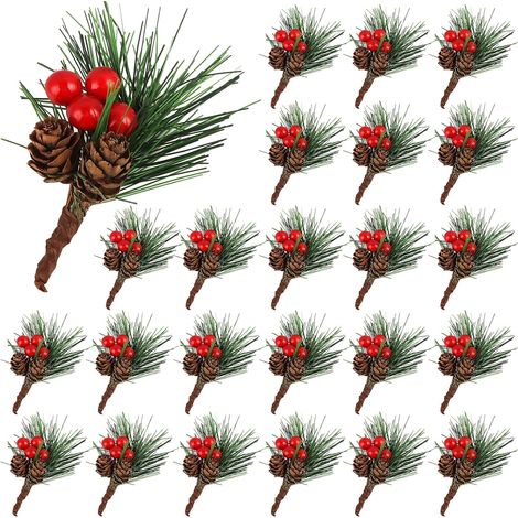 Artificial Pine Branches with Red Berries and Pine Cones - Realistic Christmas Garland for Decorating the Home During the Holidays