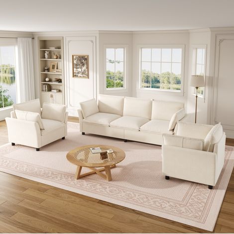 Canapé modulaire 3-1-1 en tissu chenille beige avec 3 places et 2 fauteuils, confort cloud, design moderne (1/5)