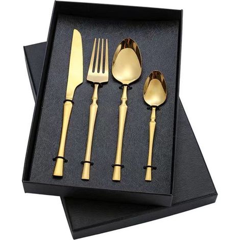 Juego de cubiertos de acero inoxidable de 4 piezas, Incluye cuchillo de mantequilla, tenedor y cuchara, Navidad y restaurantes, Color dorado (1/5)