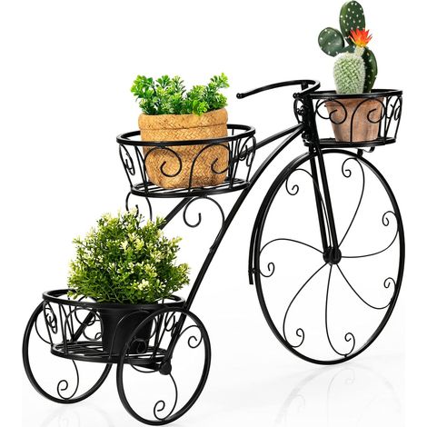 COSTWAY Blumenregal Pflanzenstaender Fahrrad, Blumentopf-Staender Metall mit 3 Koerben, Restro Pflanzenregal Pflanzenhalter mit dekorativen Raedern für drinnen und draussen (1/5)