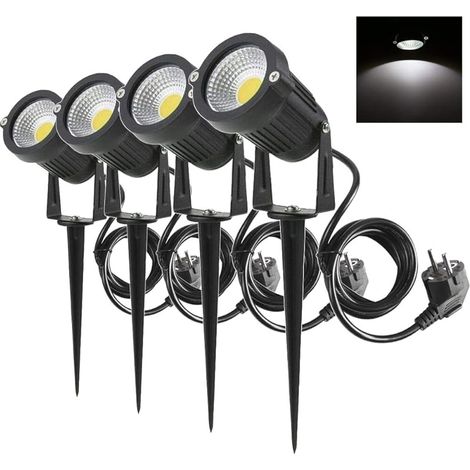 lot de 4 Spots Jardin Orientables Blanc Froid Spot LED Cob 5W 220V avec Piquet et Prise Luminaires Exterieur