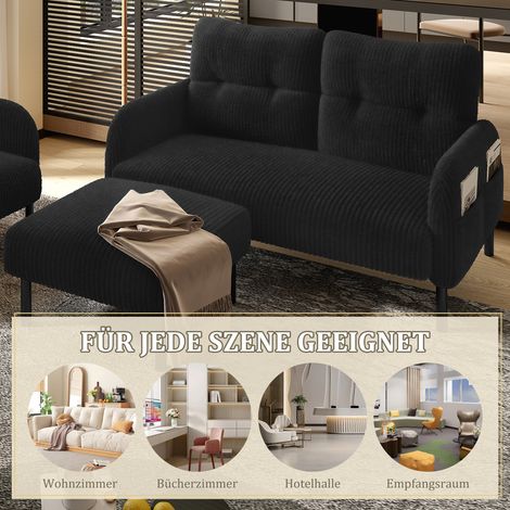 Ensemble modulaire 3 pièces fauteuil + pouf + canapé 2 places, avec poche latérale, structure en acier, dossier ultra-doux, assise profonde pour confort optimal, combinable pour salon, noir (1/5)