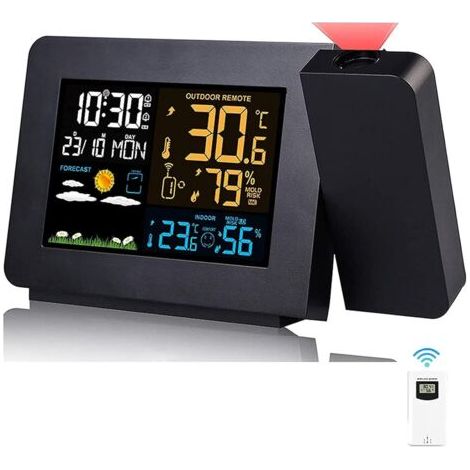 Station Météo Thermomètre Hygromètre sans Fil avec capteur, Horloge météo à Projection, thermomètre intérieur/extérieur avec Contrôle de Radio RCC, Réveil Doubles (1/5)