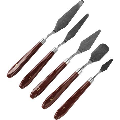 Ensemble de 5 couteaux à palette avec lames en acier inoxydable et manches en bois, offrant une grande flexibilité et une excellente prise en main pour divers travaux manuels.