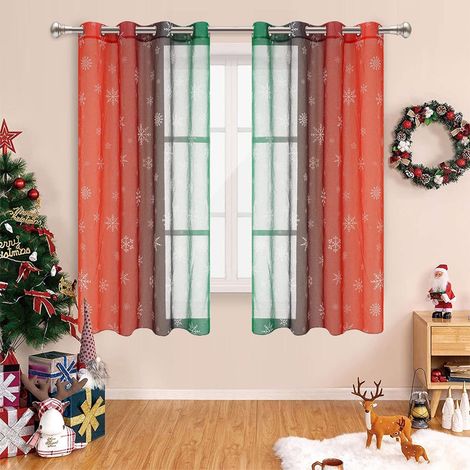 Rideau De Noël - Motif Flocon De Neige - Dégradé Rouge Vert - Filtre Lumière - Oeillets Métalliques - 132 X 160 Cm - 2 Pièces (1/5)