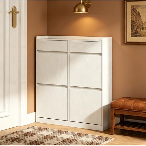 Zapatero para 8 pares con 4 compartimentos abatibles, 98 x 19,2 x 95,3 cm, blanco (1/5)