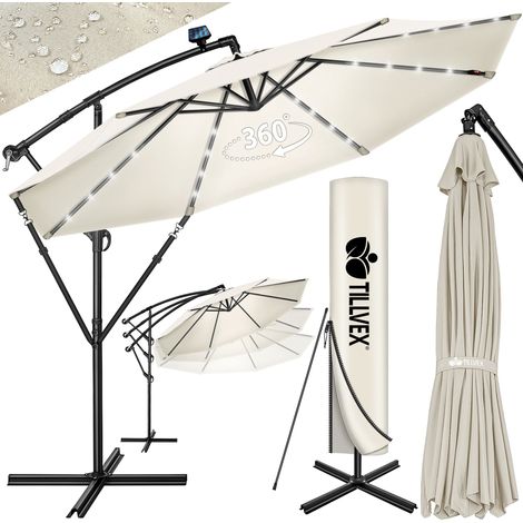 tillvex 300 cm Sombrilla Excentrico Beige con 32 Luces LED Solar  Parasol para Terraza Jardín Balcón Patio  con Manivela y Base en Cruz, Giratorio 360º, Protección UV (1/5)