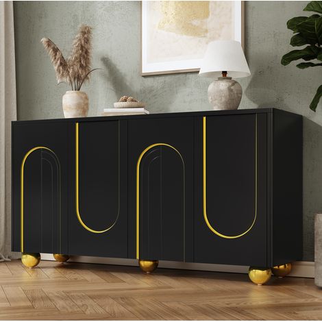 Wohnzimmerschrank,Viertüriges Sideboard, Esszimmer Staurschrank mit Bogen-Goldlinien-Dekor, mit kugelförmigen Metallfüßen für Diele und Wohnzimmer (1/5)