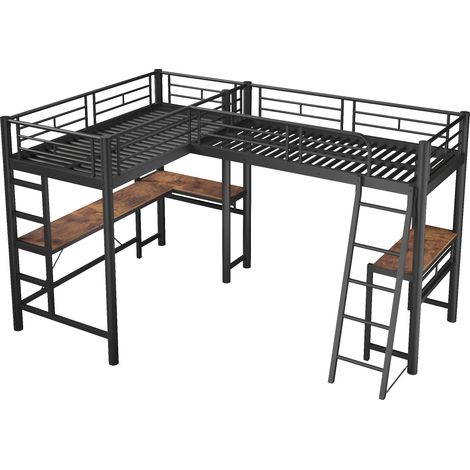 Cama alta 90 x 200 cm con escritorio, escalera doble y barandilla alta, negro (1/5)