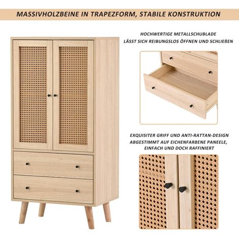 Commode avec 2 portes et 2 tiroirs - En rotin - Avec tiroir - Buffet haut - En bois - Armoire polyvalente pour couloir, chambre, salon, salle à manger (1/5)