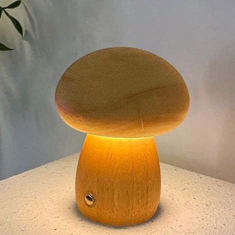 Lampe Champignon Tactile en Bois, Lampe de Chevet Champignon LED Dimmable à Intensité Variable, Lampes de Table Champignons, Lampes d'ambiance Chambre,Rechargeable (1/4)