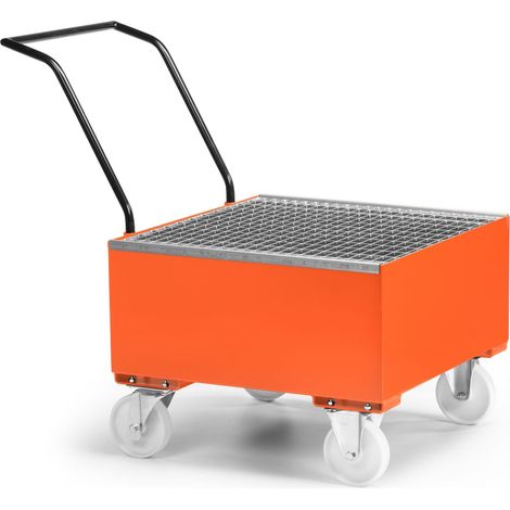 RR Industrietechnik Fahrbare Auffangwanne aus Stahl für 1x 200 Liter Fass mit Gitterrost RAL 2004 reinorange