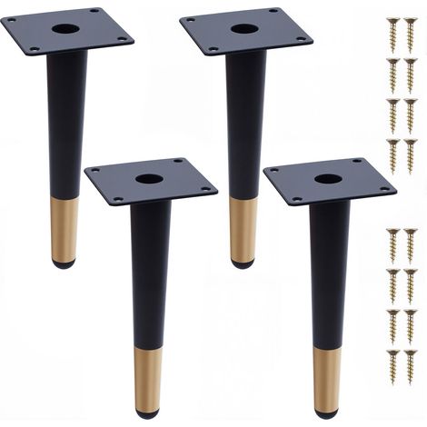 Pieds de Meuble Métal 4 Pièces - Pieds Coniques pour Table, Canapé, Armoire, Chaise - Hauteur 20 cm, Noir et Doré