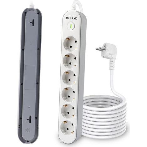 CILIA Bloc 6 Prises Schuko avec Interrupteur Lumineux - Multiprise Compacte 1.5m, Puissance 3680W (16A) - Certifiée Sécurité Enfant pour Salon et Cuisine (1/5)