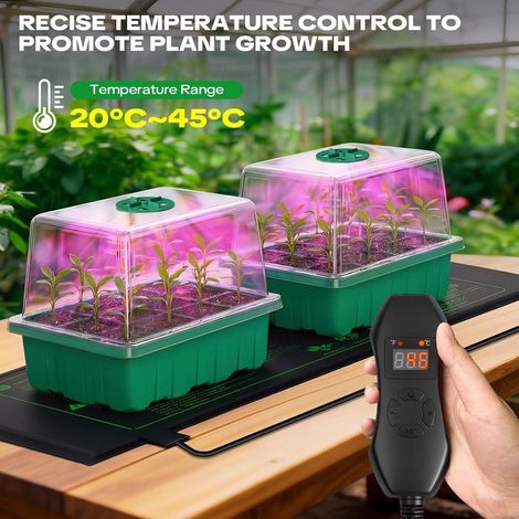 Mini Serre avec Lampe pour Plantes Tapis Chauffant, 5 Pièces Mini Serre pour Semis avec Thermostat Luminosité Réglable, Serre épaissie avec Couvercle et Ventilation