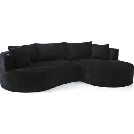 Divano angolare 3 posti con chaise longue destra, tessuto effetto velluto a coste, nero (1/5)