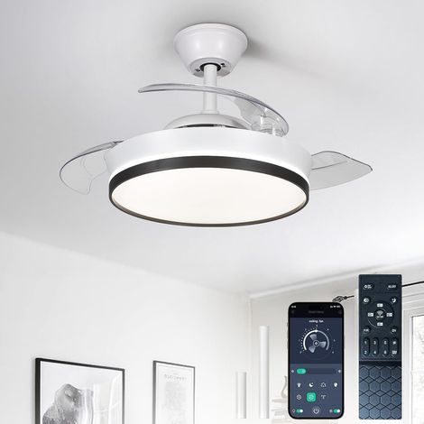 Ventiladores de techo retráctiles con luz: Ventilador moderno de 91 cm con control remoto - Ventilador inteligente blanco y negro con brillo ajustable para dormitorio (1/5)