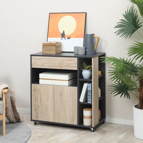 Carrello da Cucina Multiuso con Cassetto, Armadietto e Scaffale, Isola da Cucina Portavivande con 4 Ruote, 80x39x86.5cm, Legno e Nero (1/5)