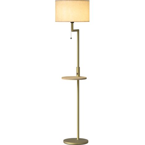 Lampadaire moderne avec étagère avec étagère pliable Ø40 x 170 cm dor pour salon étagère, abat-jour lin, interrupteur chaînette port USB, salon, doré (1/5)