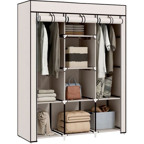 Kleiderschrank mit mehreren Stauräumen – 8 Regalböden, 2 Kleiderstangen – cremefarbener Vliesstoff (1/5)