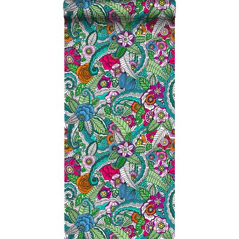 papier peint intissé XXL mandala de fleurs rose, vert, orange, violet et bleu  - ESTAhome (1/5)
