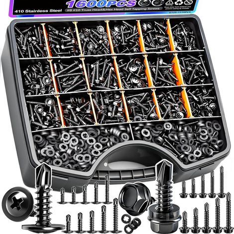 Coffret de 1600 vis à tôle autoperceuses et autotaraudeuses, tête hexagonale avec rondelles, acier inoxydable AISI 410, classe 5.6, assortiment multi-dimensions pour métal, bois et toiture