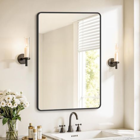SONGMICS Miroir Salle de Bain, Miroir Mural Rectangulaire, Cadre en Aluminium, 91 x 61 cm, avec Film de Sécurité, 2 Options de Suspension, pour Salon, Chambre, Salle de Bain, Noir d’Encre LWM010BD01 (1/5)