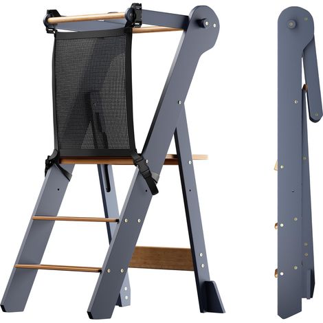 Tour D'observation Enfant Pliable 2 Hauteurs Réglables, Tour d'apprentissage Sécurisée avec Angles Anti-Bascule Chaise pour Enfants de 18 Mois À 6 Ans - Classic Gray (1/5)