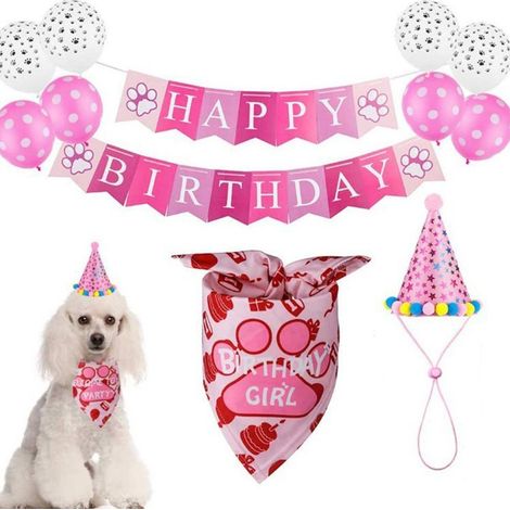 Filiyano-Ensemble de 11 pièces pour anniversaire de chien : bandana rose, chapeau d’anniversaire pour chien, foulards, drapeau, ballon et décorations (1/4)