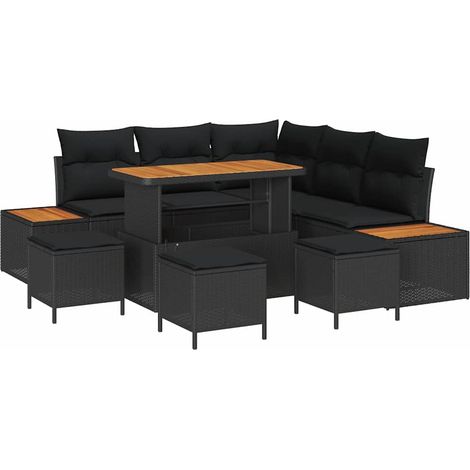 Conjunto de sofás de jardín con cojín 9 pcs Negro Poliratán vidaXL (1/5)